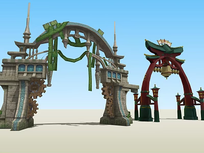 Decorative Arches With Stone Structure Green Vines Chinese Style Red Frame Bell And Lanterns 3d model
