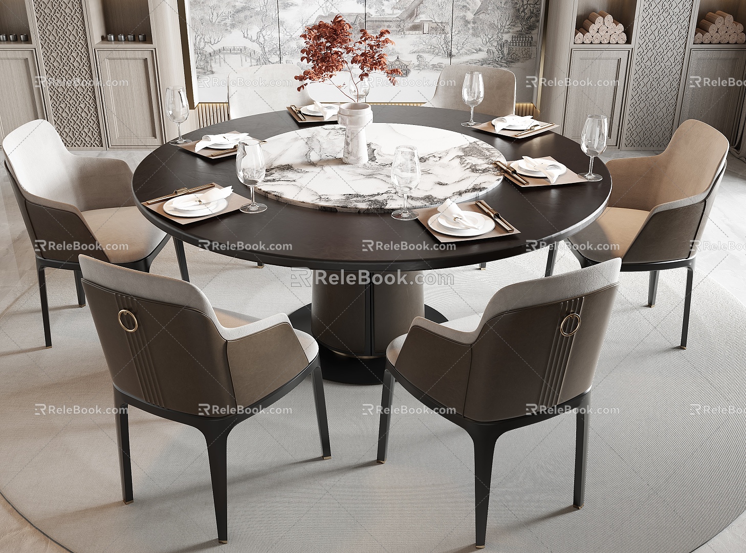 New Chinese Dining Table and Chair Combination Round Dining Table Dining Chair Single Chair Chair Dining Table Ornaments model