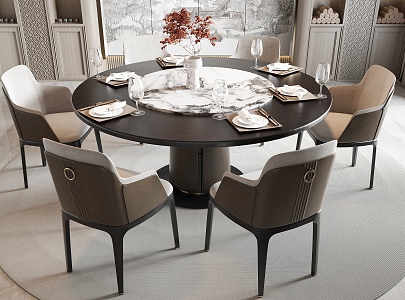 New Chinese Dining Table and Chair Combination Round Dining Table Dining Chair Single Chair Dining Table Ornaments 3d model