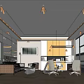 Modern Public Office Space with Multiple Desks Computers Gray Office Chairs Wooden Flooring Circular Lights