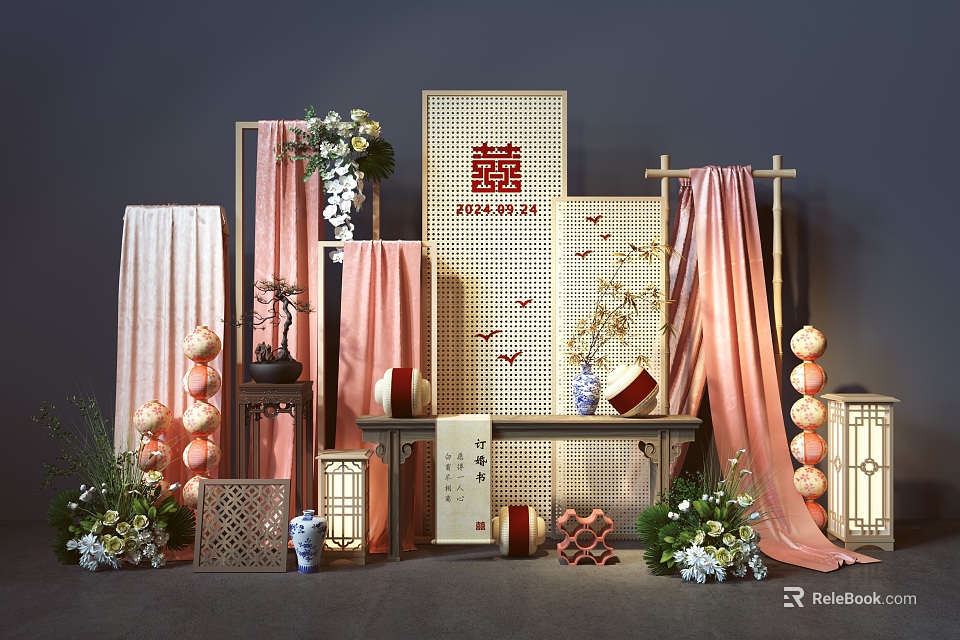 Chinese Style Floral Decor with Screen Pink Drapes Lanterns and Double Happiness Symbol 3d model 