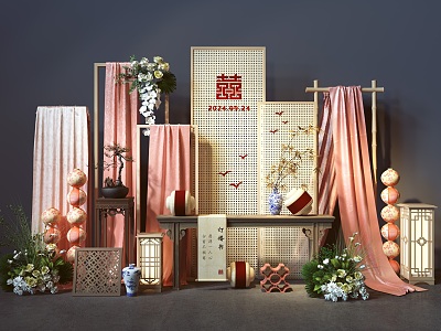 Wedding Photo Meichen Sign-in Welcome Area New Chinese Style Return Banquet Handover Desk Pink Floriculture Niche Wedding Window Chinese Style Nanyang Style 3d model