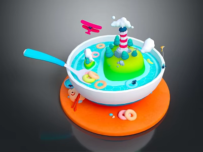 Vibrant Food Bowl Featuring Blue Spoon Orange Plate Green Island Colorful Rings And Red Airplane 3d model