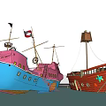 Colorful Pirate Ships With Masts Flags And Watchtower On Calm Water