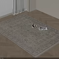 Square Rug with Decorative Pattern on Herringbone Wooden Floor with White Curtains Vase and Books