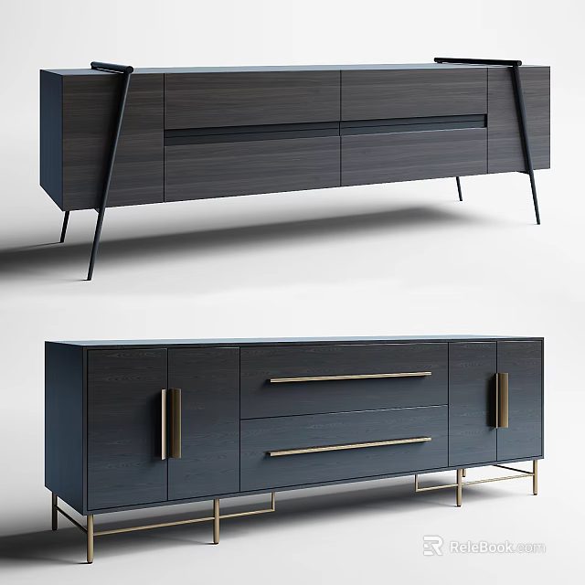 Modern Dark Wood TV Stand With Drawers Metal Legs And Gold Handles 3d model 