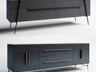 Modern Dark Wood TV Stand With Drawers Metal Legs And Gold Handles 3d model