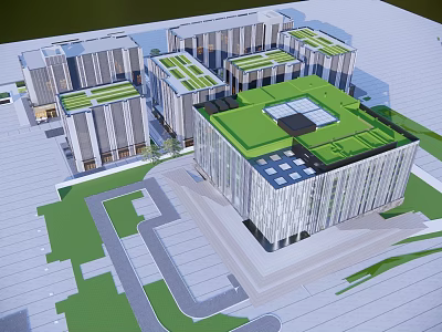Modern Office Building Complex With Green Roofs Glass Facades And Urban Landscape 3d model