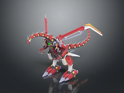 Red And White Mechanical Dragon 3D Model With Long Tail And Sharp Claws 3d model