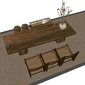 Natural Rustic Solid Wooden Tea Table and Chairs with Tea Canisters Tray and Vase