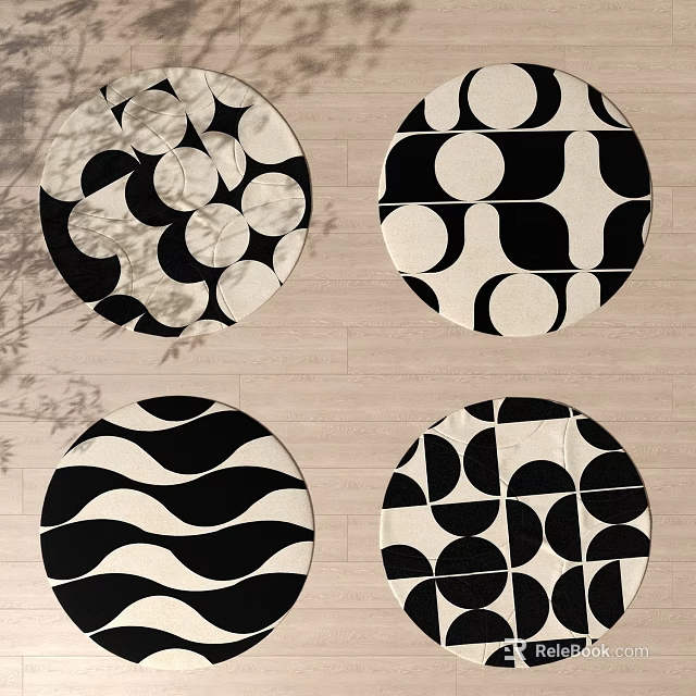 Black and White Round Rugs with Modern Geometric Wave and Circle Patterns 3d model