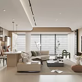Modern Open Concept Living And Dining Room Interior With Sofa Coffee Table TV And Windows With Blinds
