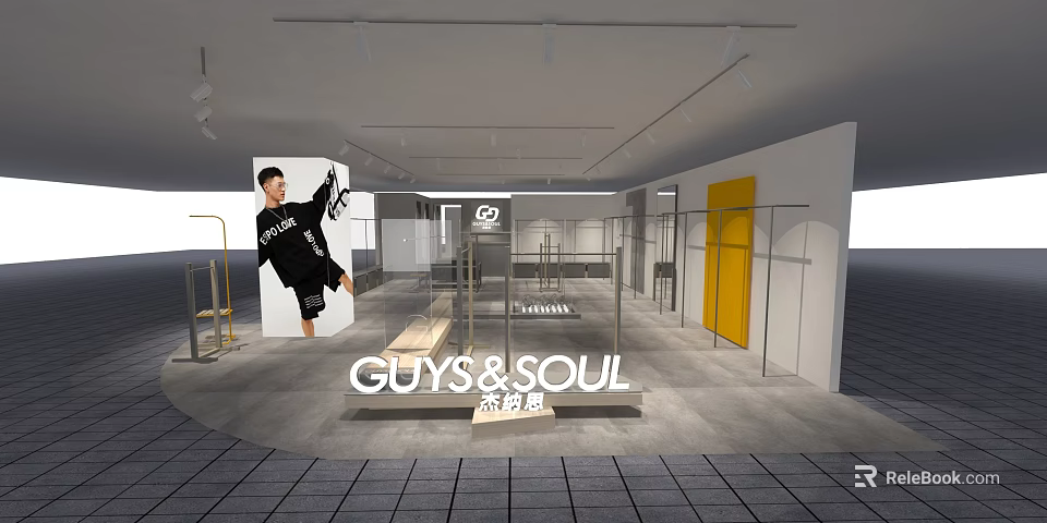 GUYS SOUL Trendy Fashion Clothing Store Modern Interior With Display Racks And Stylish Lighting 3d model 