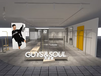 GUYS SOUL Trendy Fashion Clothing Store Modern Interior With Display Racks And Stylish Lighting 3d model