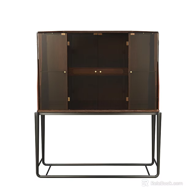 Dark Wood Wine Cabinet With Glass Doors Metal Accents And Black Metal Frame 3d model 