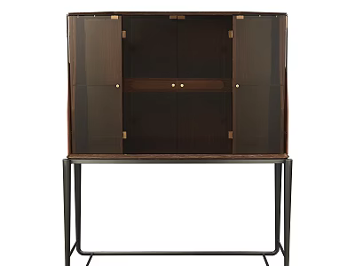Dark Wood Wine Cabinet With Glass Doors Metal Accents And Black Metal Frame 3d model