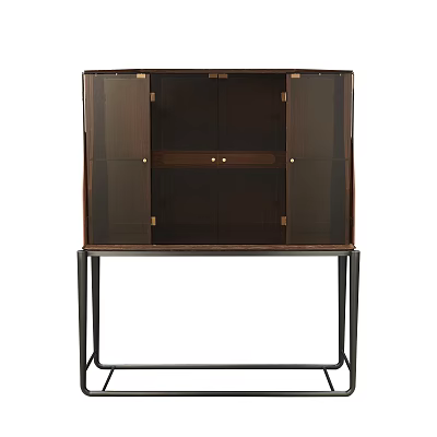 Dark Wood Wine Cabinet With Glass Doors Metal Accents And Black Metal Frame 3d model