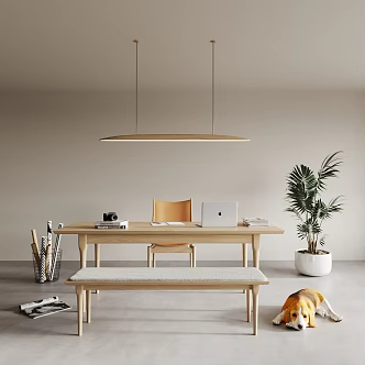 Office Desk Tea Table and Chair Square Table Bench Study Writing Desk Paper Basket Potted Chandelier 3d model