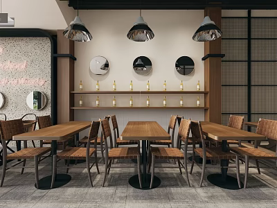 Modern Restaurant Interior With Wooden Tables Chairs Hanging Lights And Wall Decorations 3d model