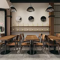 Modern Restaurant Interior With Wooden Tables Chairs Hanging Lights And Wall Decorations