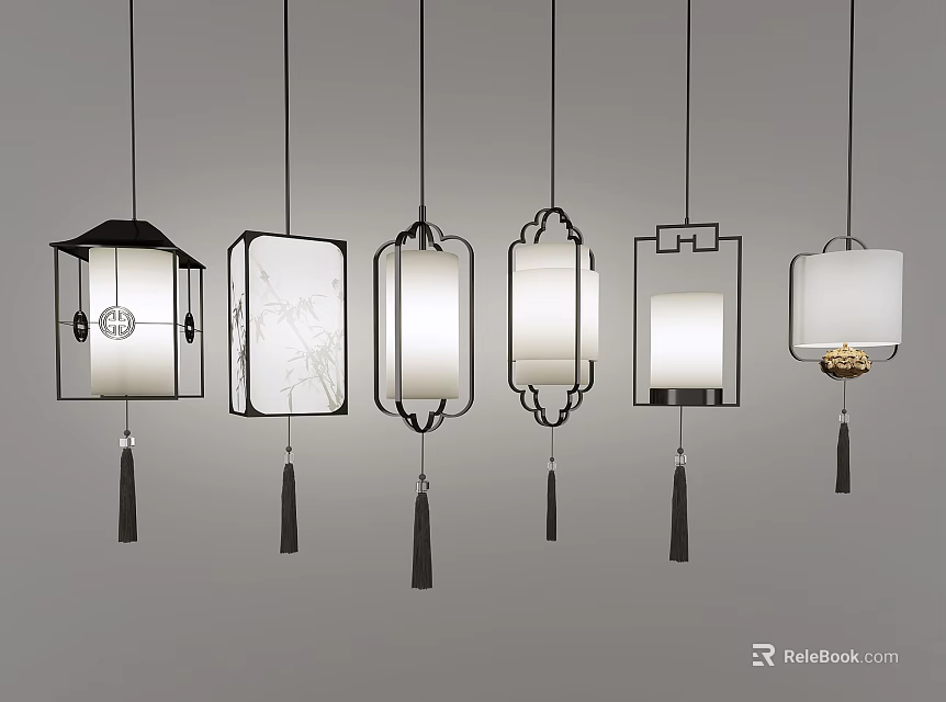 Traditional and Modern Style Chandeliers with Decorative Frames Tassels and Lampshades 3d model 