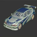 Blue and white race car model with sporty design rear spoiler on black reflective surface