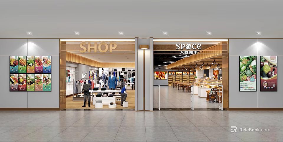 Supermarket and Department Store Exterior Featuring Clothing Section and Supermarket Area with Product Displays 3d model 