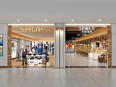 Supermarket and Department Store Exterior Featuring Clothing Section and Supermarket Area with Product Displays 3d model