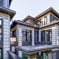 Modern Semi Detached Villa Exterior With Green Lawn And Surrounding Trees