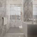 Modern Bathroom Interior With Marble Walls Copper Fixtures Backlit Mirror Wall Mounted Toilet And Sink