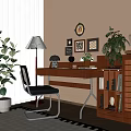 Quiet Desk and Chair Ancient Desk and Chair Combination Storage Cabinet Table Lamp Floor Lamp Hanging Picture Combination Ornaments Combination Floor Plant Carpet Dream Curtain 3d model