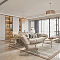 Modern Living and Dining Room Interior With Sofa Coffee Table Area Rug Chandelier And Bookshelf