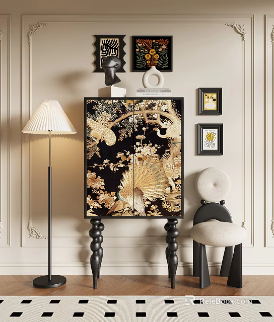 Elegant Black Decorative Cabinet With Golden Floral Bird Patterns And Floor Lamp Chair Wall Art 3d model 