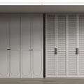 Modern White Wardrobe Design With Arched Panel And Louvered Doors Featuring Golden Handles