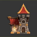Fairy Tale Castle Tower Scenery With Red Roof Golden Accents And Stone Architecture