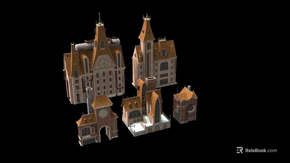 Vintage European Building Models With Various Spires Clock Towers And Designs 3d model 