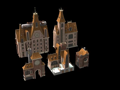 Vintage European Building Models With Various Spires Clock Towers And Designs 3d model