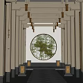 Traditional Chinese Corridor With Circular Moon Gate And Hanging Lantern Lights 3d model