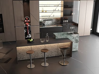 Modern Kitchen Interior Design With Marble Island Countertop Stools And Cabinets 3d model