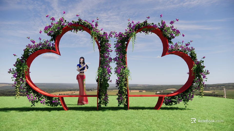 Heart Shaped Archway Landscape Sculpture With Purple Flowers Green Vines And Grassland Under Blue Sky 3d model 