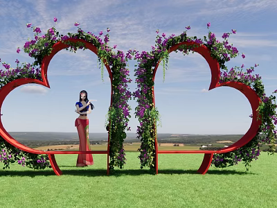 Heart Shaped Archway Landscape Sculpture With Purple Flowers Green Vines And Grassland Under Blue Sky 3d model