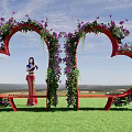 Heart Shaped Archway Landscape Sculpture With Purple Flowers Green Vines And Grassland Under Blue Sky
