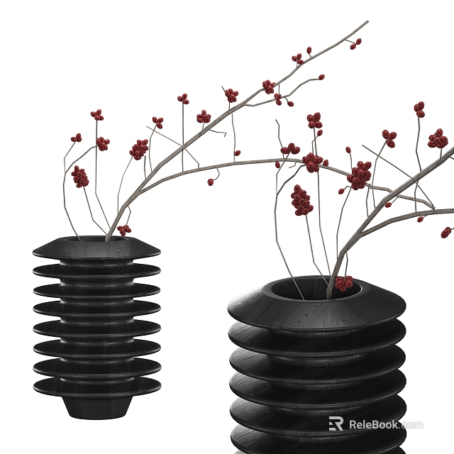 Unique Black Ceramic Vases With Layered Structure And Red Berries Branches 3d model 