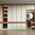 Modern Elegant Wardrobe Design With Dressing Table Round Mirror Built-in Lighting And Open Storage Compartments 3d model