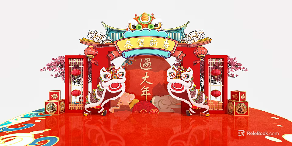 Traditional Spring Festival Decoration With Lion Dancers Red Lanterns And Red Carpet 3d model 