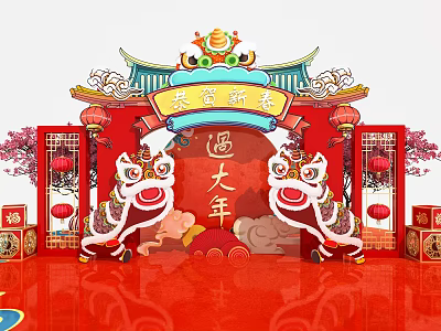 Traditional Spring Festival Decoration With Lion Dancers Red Lanterns And Red Carpet 3d model