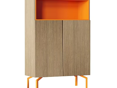 Modern Wooden Shoe Cabinet With Double Doors Orange Accents Tapered Legs And Open Shelf 3d model