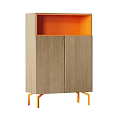 Modern Wooden Shoe Cabinet With Double Doors Orange Accents Tapered Legs And Open Shelf
