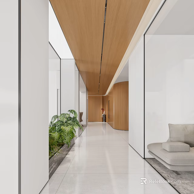 Modern Office Corridor Interior With Wooden Ceiling Glass Partitions And Green Plants 3d model 