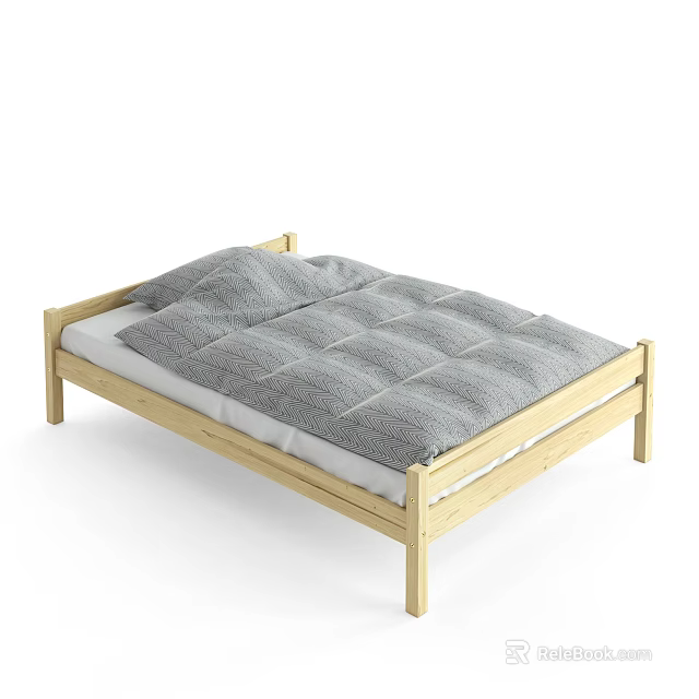 Simple Solid Wood Children's Bed With White Mattress And Grey Quilt 3d model 